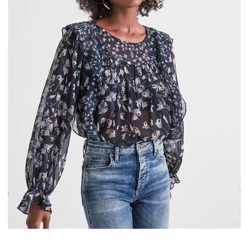 Lucky Brand long sleeve blue sheer floral top ruffle detail